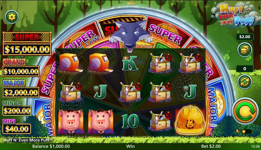 Huff N' Even More Puff base game - 5x3 reels in front of the jackpot wheel, with the wolf peeking over the top